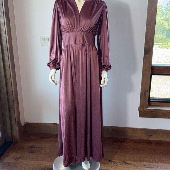 Vintage 70’s Dark Rose Long Sleeve Maxi Dress Deep Plunge Size Medium - Picture 1 of 15